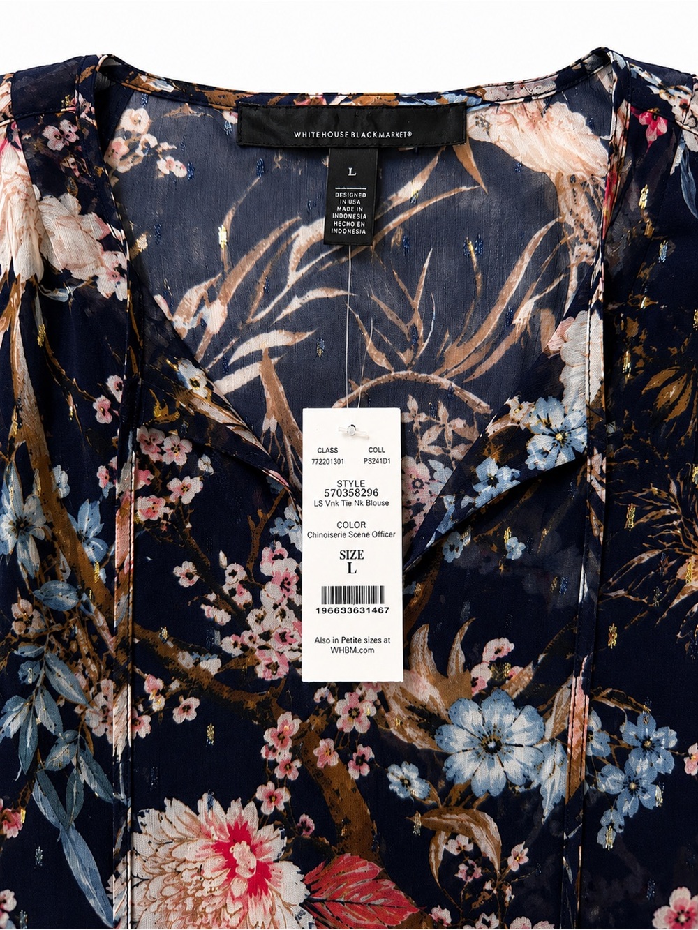 WHBM Navy Floral Sheer Metallic Tie Neck Blouse (NWT) Large - Picture 5 of 6